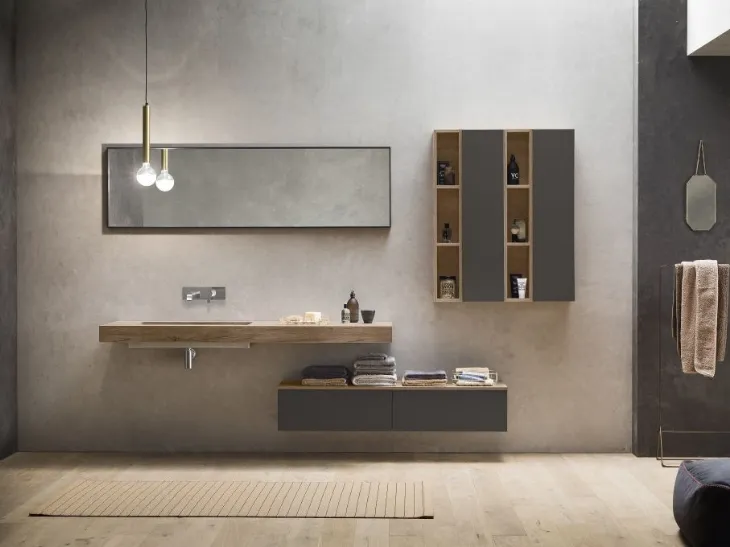 Mobile da Bagno sospeso effetto legno e laccato opaco, top in HPL con lavabo integrato Evo Plus 04 di Synergie