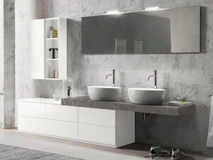 Mobile da Bagno a terra in laccato lucido e top in HPL finitura Grey Stone Evo Plus 08 di Synergie