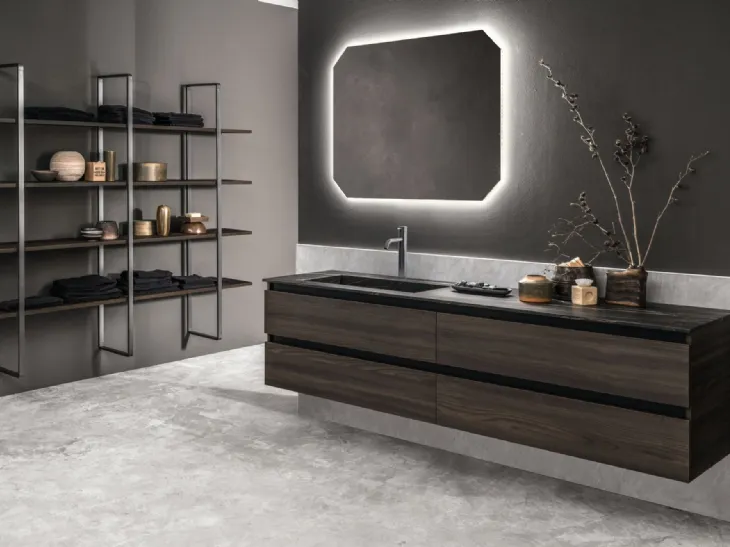Mobile da Bagno sospeso con finitura effetto legno e top in Gres Miyo 03 di Synergie