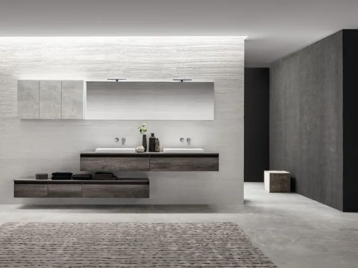 Mobile da Bagno sospeso in laminato effetto legno e pensili effetto cemento Miyo 04 di Synergie