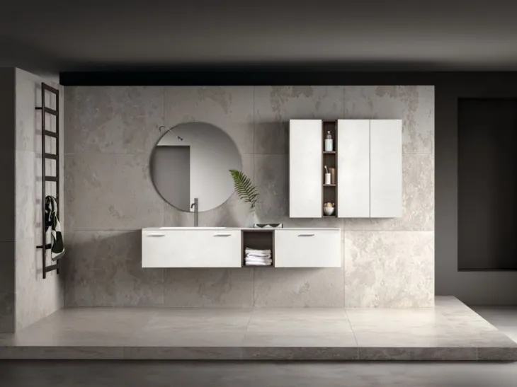 Mobile da Bagno sospeso in laminato cemento chiaro e top bianco opaco Miyo 09 di Synergie
