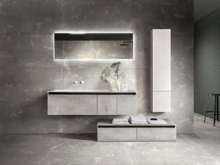 Mobile da Bagno a terra in laminato effetto Cemento Miyo 12 di Synergie