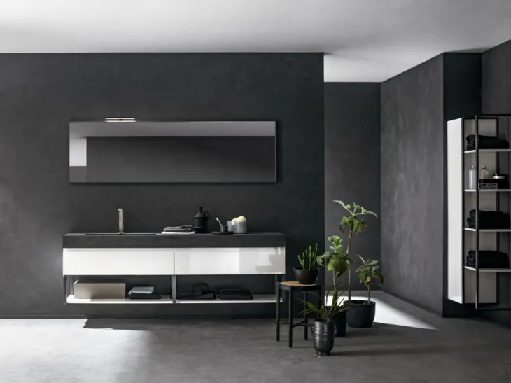 Mobile da Bagno sospeso in laccato bianco lucido e top in gres con lavabo integrato Miyo 01 di Synergie