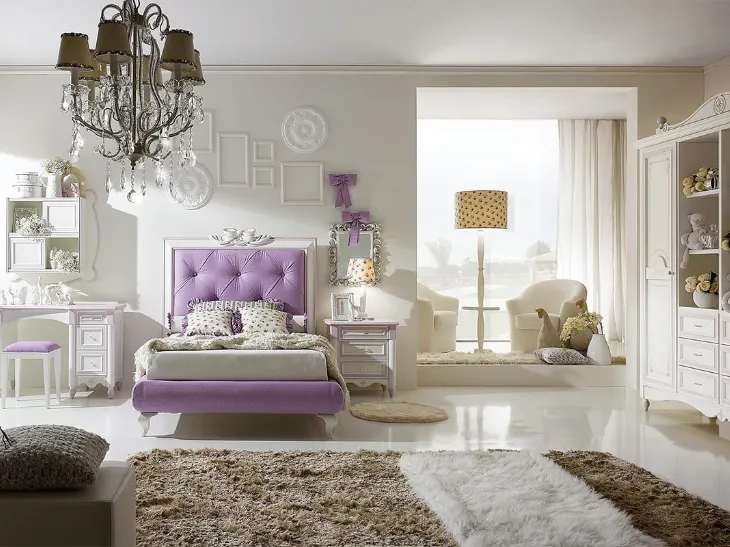 Cameretta per ragazze Happy Night 300 finitura Bianco patinato con sovracolore Lilla di Ferretti e Ferretti