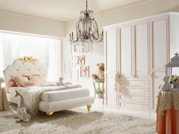 Cameretta Happy Night 307 con letto imbottito Capitonné con fiocco intagliato centrale di Ferretti e Ferretti