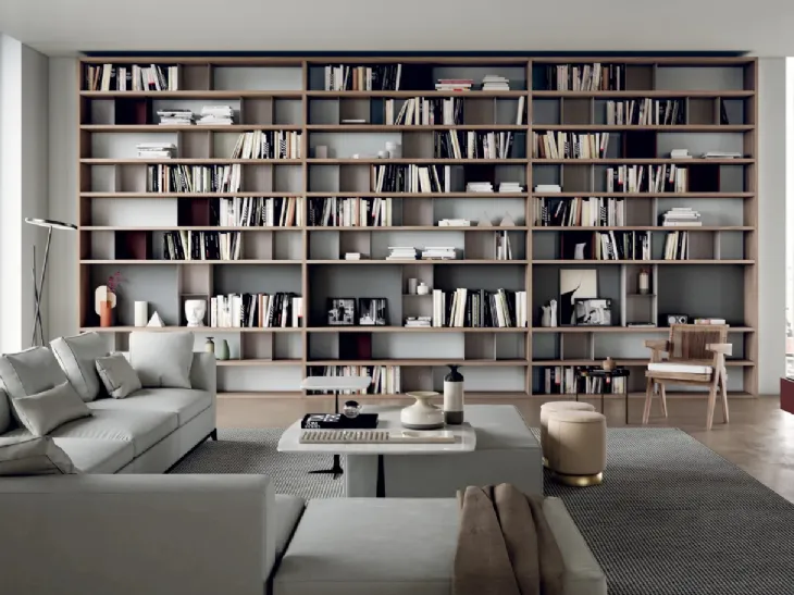 Libreria modulare MOOD 03 in nobilitato noce con box in metallo laccato opaco di Dielle Modus