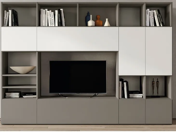 Libreria in laccato opaco con vano porta TV Pratico Composizione PTG312 di SantaLucia