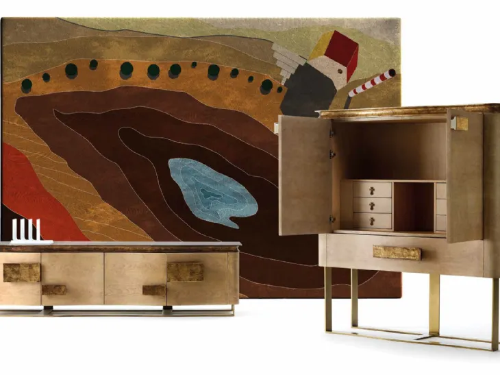 Madia in legno massello d'acero con maniglie e top in foglia bronzo Art C001 e C012 di Vittorio Grifoni