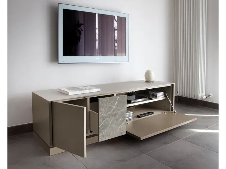 Madia Contour TV in MDF laccato opaco e cassetto con frontale in ceramica di Domitalia