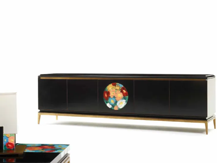 Madia in laccato moka con pannello circolare decorato con fiori dai colori vivaci e piedini in bronzo Art D001 di Vittorio Grifoni