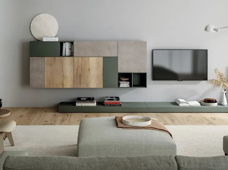 Parete Attrezzata Line Up 16 con finitura in nobilitato design vintage e concrete e laccato opaco roccia di Dielle Modus