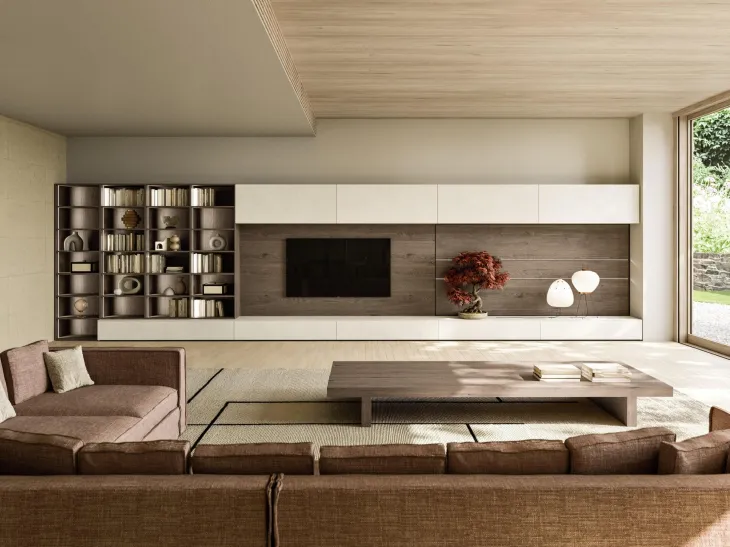 Parete Attrezzata Modula Composizione 02 in ceramica bianco calce e impiallacciato rovere di Snaidero