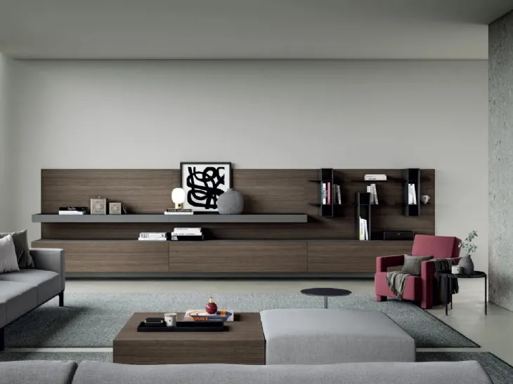 Parete Attrezzata sospesa Line Up 01 in finitura nobilitato design plissédi con top in finitura marmo lava Dielle Modus