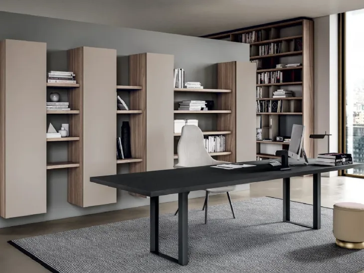 Parete Attrezzata modulare sospesa Line Up 05 in laccato opaco e nobilitato design Noce di Dielle Modus