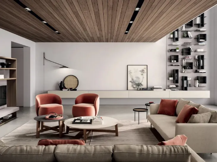 Parete Attrezzata sospesa Line Up 11 in laccato opaco con mensole e box di misura variabile in metallo finitura piombo di Dielle Modus