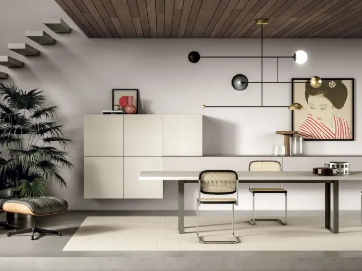 Parete Attrezzata sospesa Line Up 12 in finitura laccato opaco e spatolato marmo di Dielle Modus