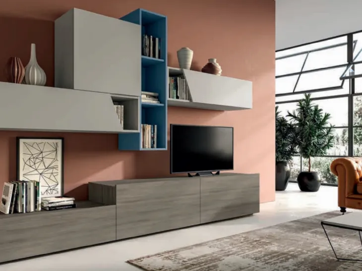 Parete Attrezzata con pensili in laccato opaco Pratico PTG311 di SantaLucia