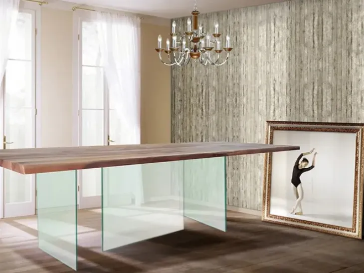 Tavolo Infinity 15 con top in legno e base in vetro di Bamart