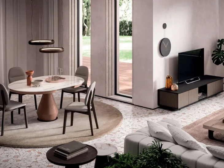 Tavolo allungabile Lycos con top in Marble Glass Calacatta Gold lucido e base in metallo verniciato Bronzo di Ozzio