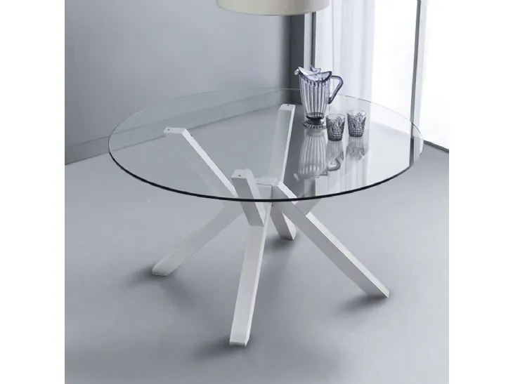 Tavolo rotondo Teorema in vetro temperato trasparente con gambe in Faggio massello laccato bianco di La Seggiola