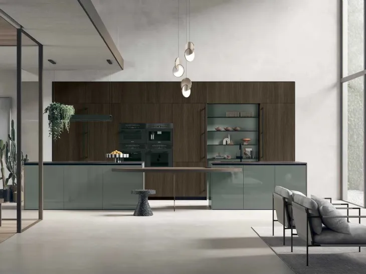 Cucina Moderna con isola Color Trend 09 in Rovere Termocotto Cannettato e laccato lucido Timo e di Stosa