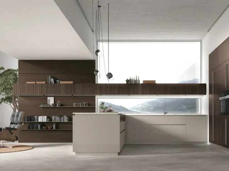 Cucina Moderna con penisola Natural 02 in laccato e Rovere di Stosa