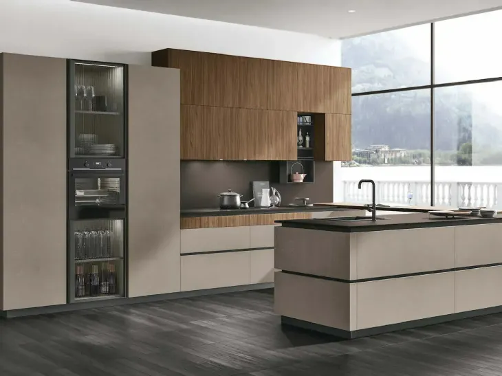 Cucina Moderna con penisola Metropolis 12 in materico Cemento Visone e Noce Eucalipto di Stosa